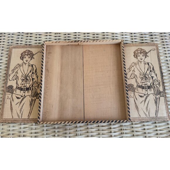Antique 20's Pyrography Flemish Art Lady Golfer Handkerchief/Gloves Wood Box - Picture 3 of 12